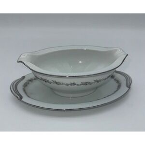 Noritake‎ China Crestmont Gravy Boat with Underplate 6013 Silver Floral Japan